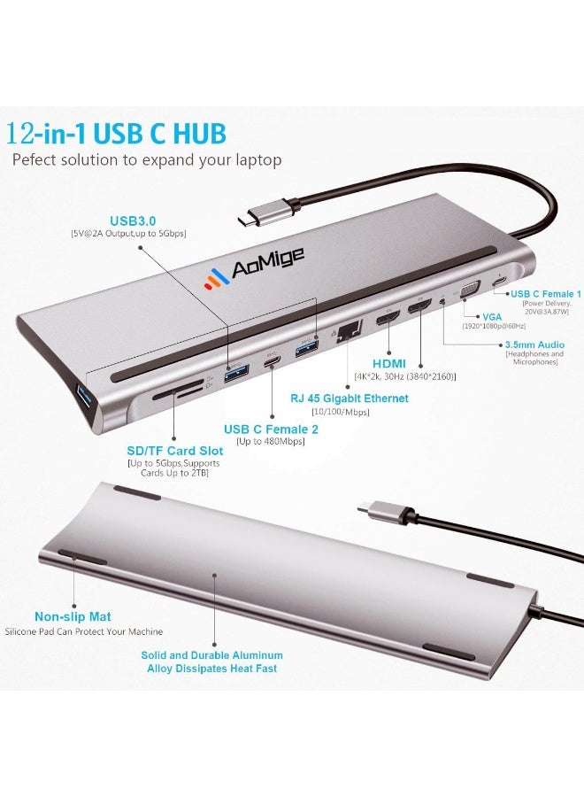 AoMige USB C Docking Station, USB C Dock, Triple Monitor USB Type C to DP HDMI VGA Adapter, 12 in 1 USB C Hub, Laptop Docking Station Multiport USB 3.0 SD/TF Audio for Windows MacBook Type C Laptops - Image 2